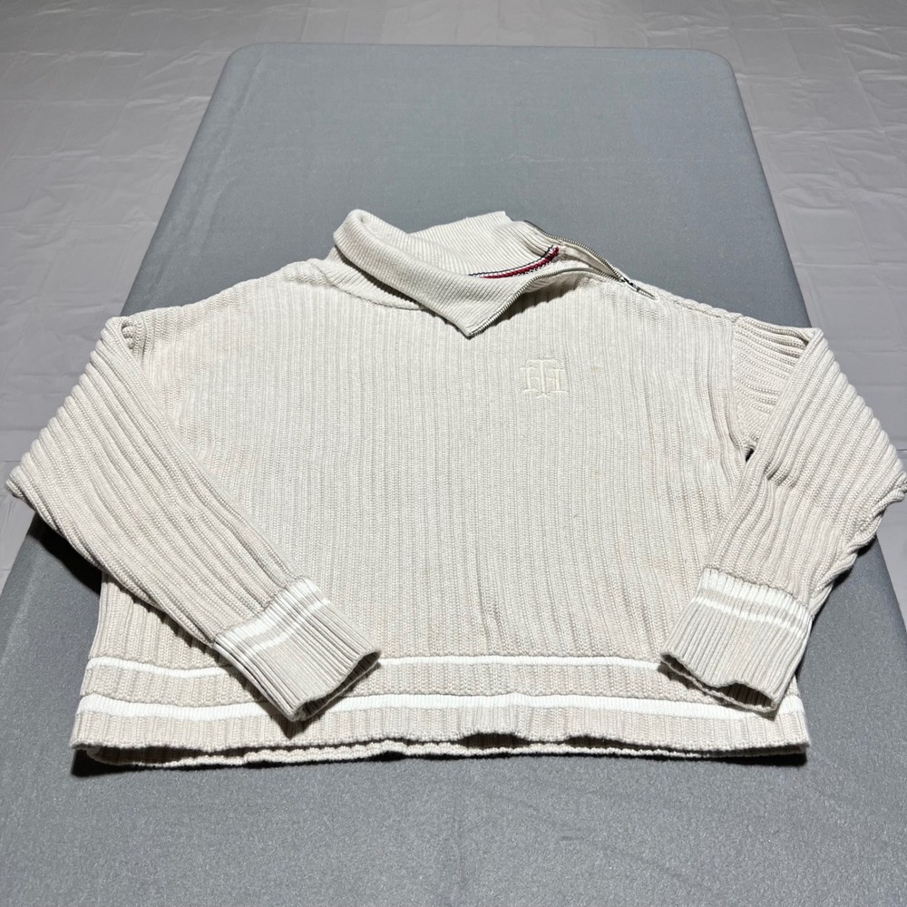 Tommy Hilfiger Cream Ribbed Quarter Zip Back Logo Sweater Womens Large Beige